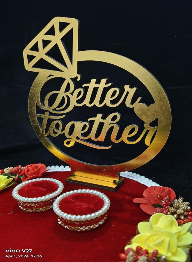 Mridang Handmade Better Together Velvet Engagement Ring tray ring holder platter with beautiful Floral work(anniversary/engagement/wedding platter/Decorative Tray/Marriage Decor)- 9x9x7 INCH - Image 3